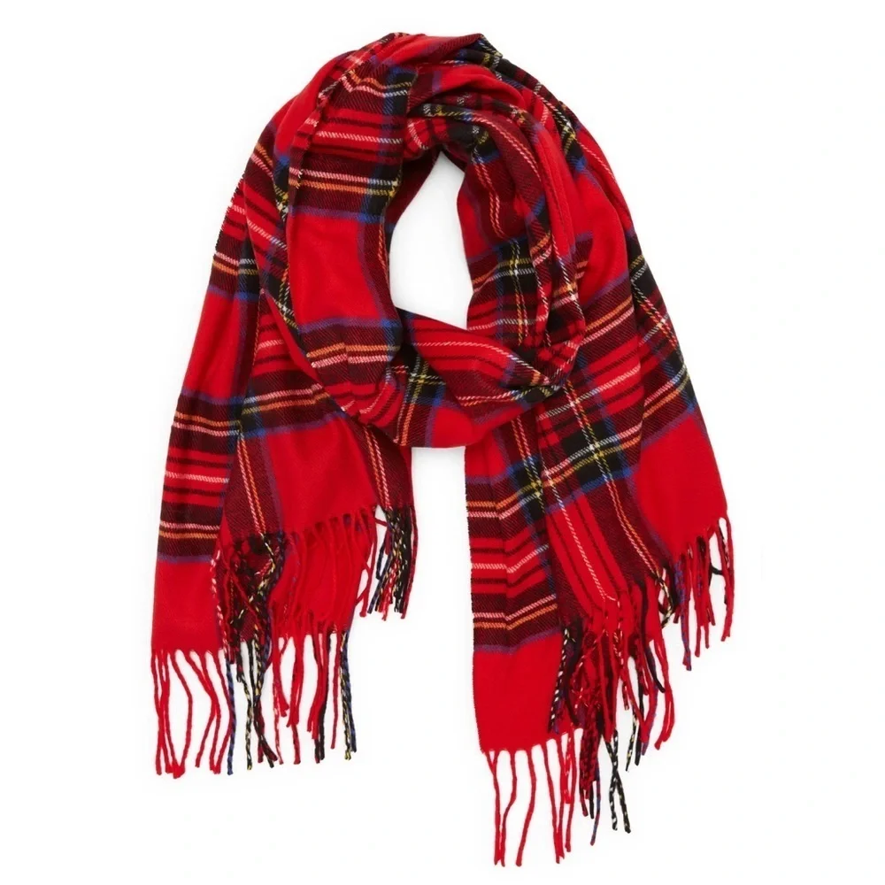 Red Tartan Plaid Scarf with Fringe Ends